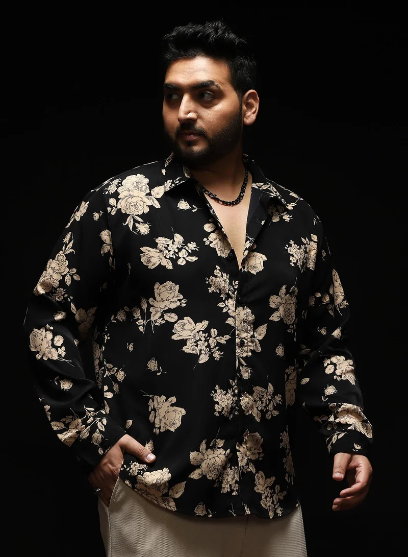 Instafab Plus Instafab Plus Men's Onyx Black Contrast-Roses Imprint Shirt | Spread Collar , Long Cuffed Sleeves , Button Closure , Curved Hemline | Floral-Print Plain Polyester Material For Street & Casual Wear