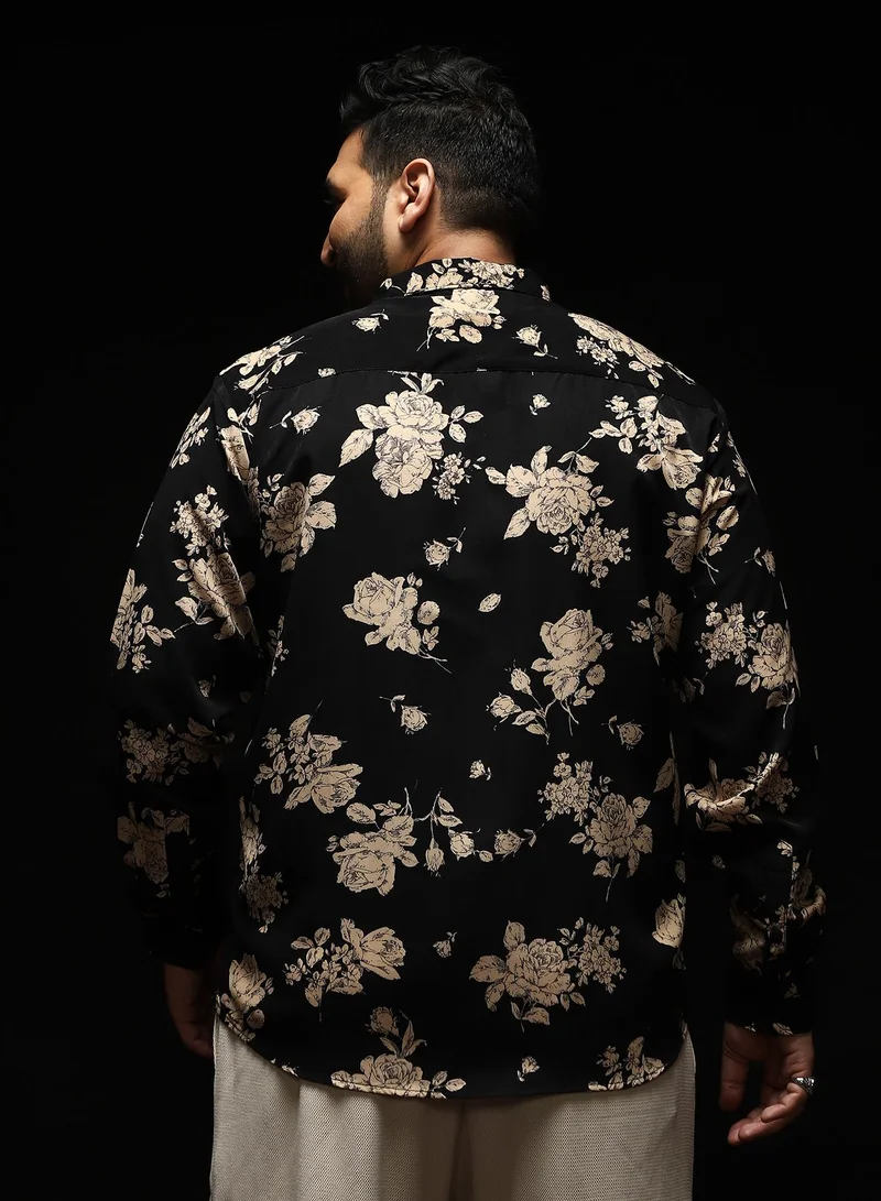 Instafab Plus Instafab Plus Men's Onyx Black Contrast-Roses Imprint Shirt | Spread Collar , Long Cuffed Sleeves , Button Closure , Curved Hemline | Floral-Print Plain Polyester Material For Street & Casual Wear