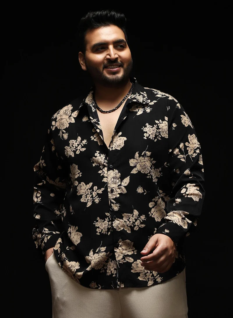 Instafab Plus Instafab Plus Men's Onyx Black Contrast-Roses Imprint Shirt | Spread Collar , Long Cuffed Sleeves , Button Closure , Curved Hemline | Floral-Print Plain Polyester Material For Street & Casual Wear