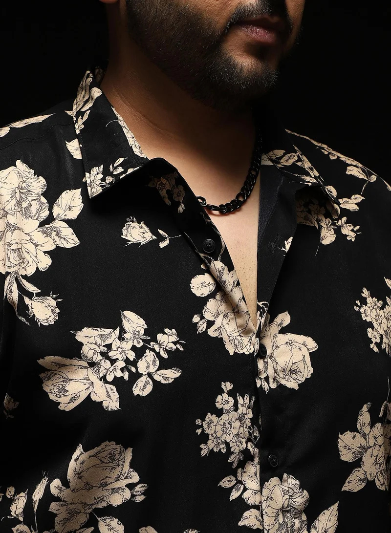 Instafab Plus Instafab Plus Men's Onyx Black Contrast-Roses Imprint Shirt | Spread Collar , Long Cuffed Sleeves , Button Closure , Curved Hemline | Floral-Print Plain Polyester Material For Street & Casual Wear