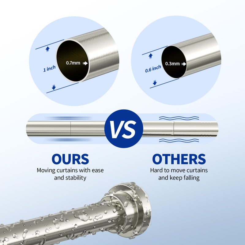 Mcrbeay Shower Curtain Rod, 1" Diameter Heavy Duty Tension Shower Rod, Non Slip Adjustable 28-102 inch No Drill Shower Curtain Rods Spring Tension For Bathroom, Shower Stall, No Rust, Brushed Nickel - Image 5
