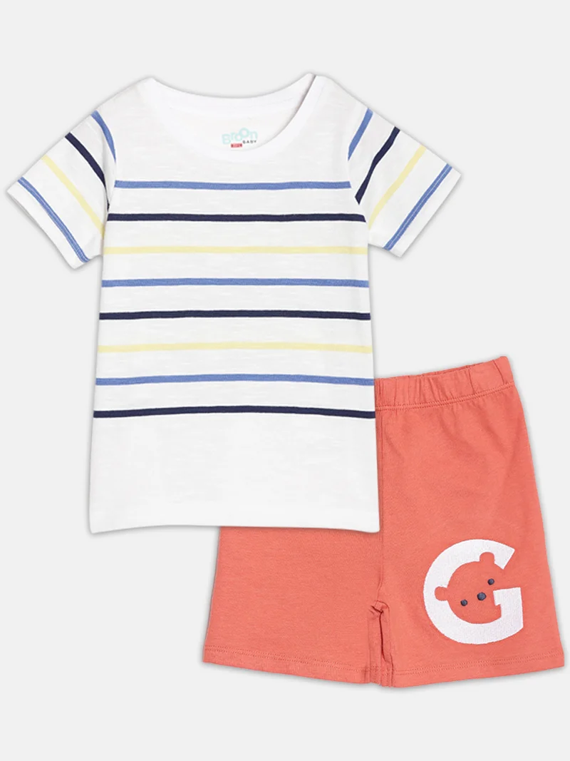 Broon Broon Infant Boys White and Orange Printed Organic Cotton T-shirt with Shorts Set