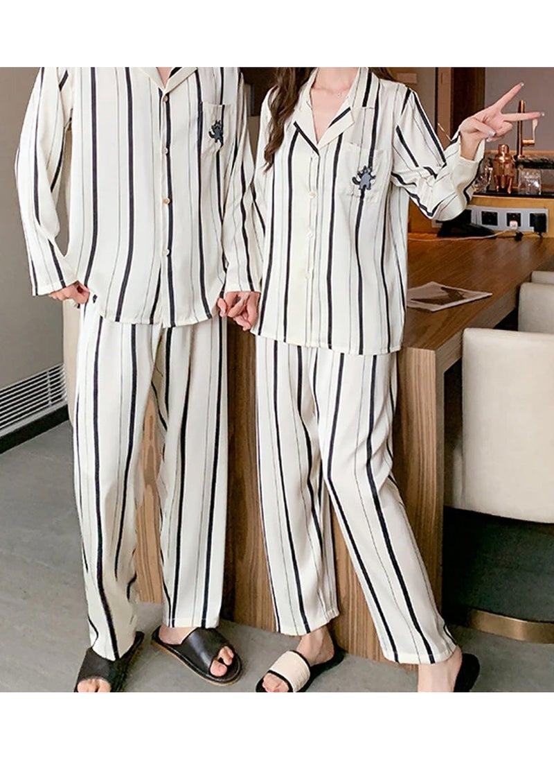 MARGOUN - Couples Matching Pajamas Silk Long Sleeve Striped Sleepwear Satin Soft Button Down Loungewear Pjs White Large and Medium MG05 - Image 1