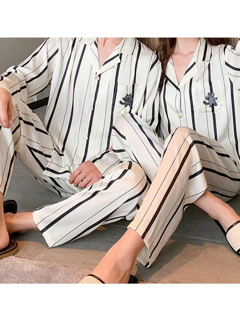MARGOUN - Couples Matching Pajamas Silk Long Sleeve Striped Sleepwear Satin Soft Button Down Loungewear Pjs White Large and Medium MG05 - Image 1