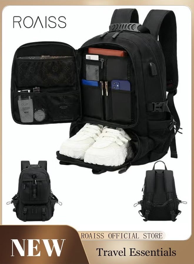 roaiss Unisex 60L Hiking Backpack with Dedicated Shoe Compartment Large Expandable Travel Bag with USB Port Perfect for Outdoor Sports Work Trips Black - Image 2