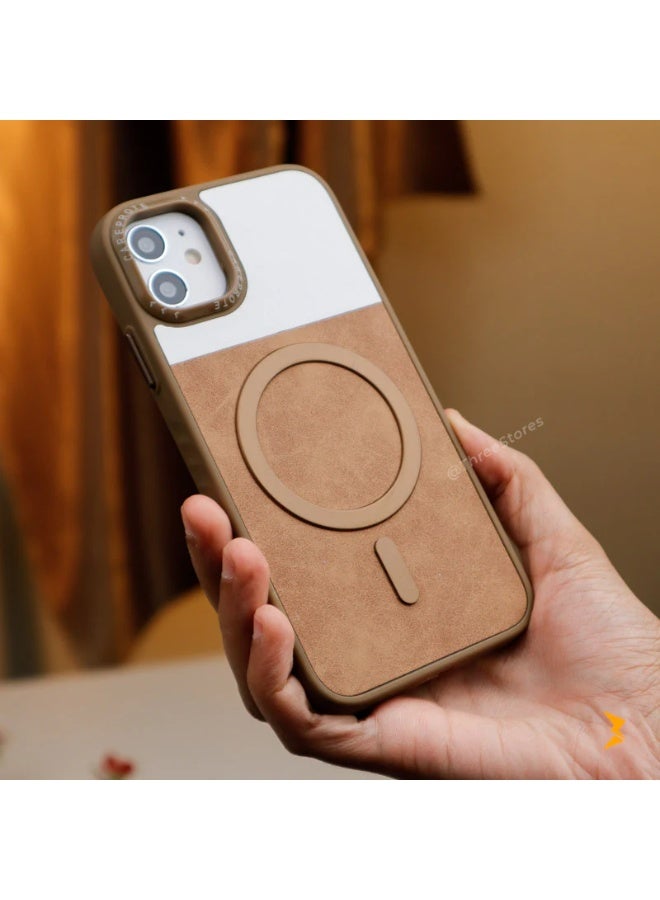 جراب خلفي من الجلد الفاخر متوافق مع الشحن اللاسلكي وإطار كاميرا مقاوم للصدمات مطلي كهربائيًا لجهاز (iPhone 11) بني - Image 2