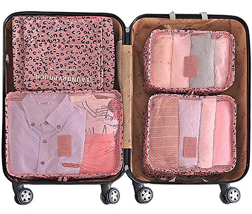 Mossio Luggage Cubes,Mossio 7 Pack Lightweight Toiletry Organizer Space Saver Travel Accessories Pink Leopard - Image 3