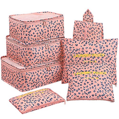 Mossio Luggage Cubes,Mossio 7 Pack Lightweight Toiletry Organizer Space Saver Travel Accessories Pink Leopard - Image 1