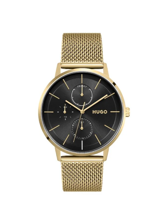 HUGO Men's Multifunction Watch, Black Dial, Gold Stainless Steel Strap
