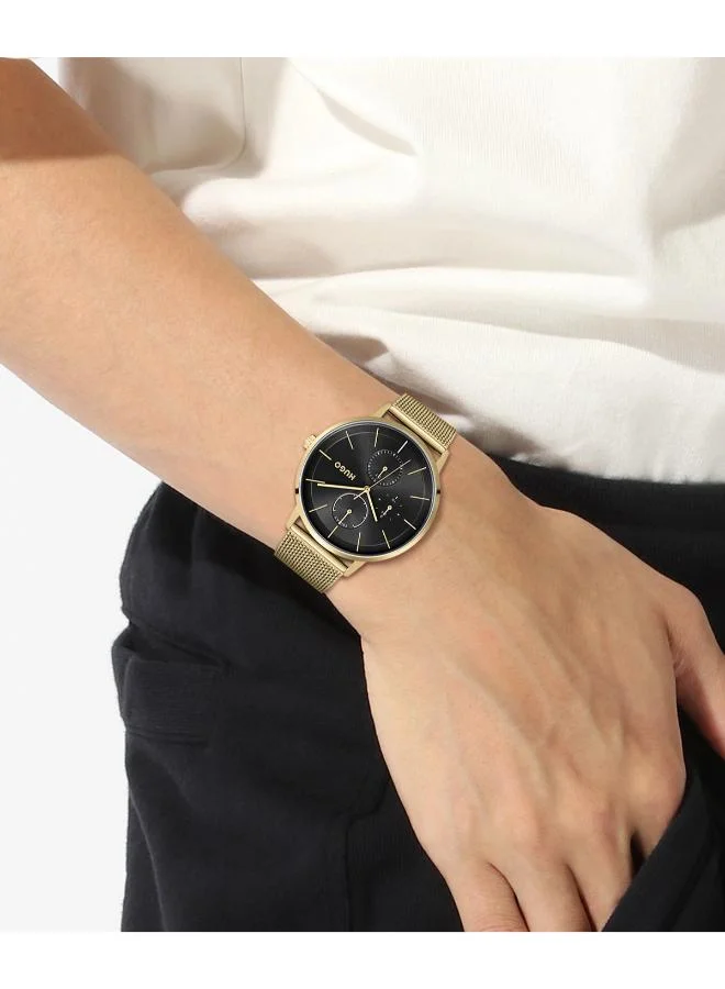 HUGO  Men's Multifunction Watch, Black Dial, Gold Stainless Steel Strap for Men | Best Price UAE