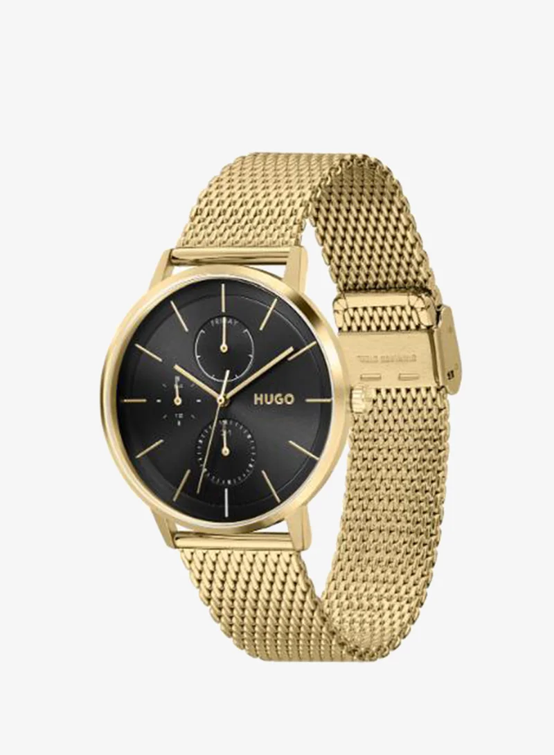 HUGO  Men's Multifunction Watch, Black Dial, Gold Stainless Steel Strap for Men | Best Price UAE
