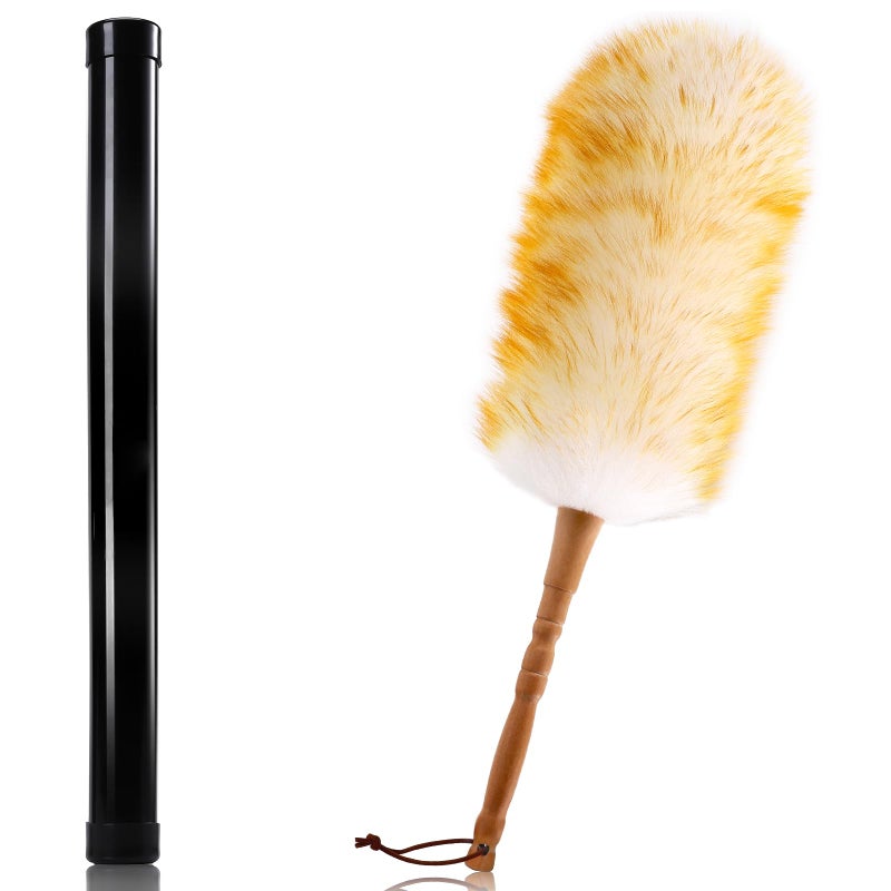 GRNVDWN Lambswool Duster with Solid Wooden Handle,Leather Hang Strap,18.9 inch Long,Natural Feather Duster for Cleaning Ceiling Fans,Window Blinds,Computer Screens,Bookshelves etc - Image 1