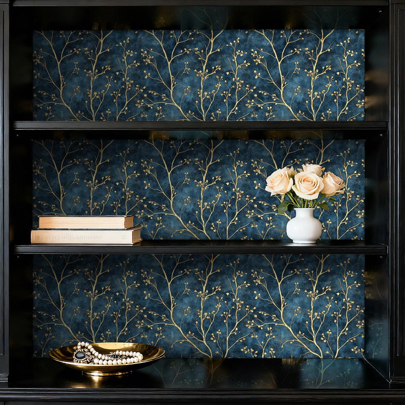 HelloWall Blue and Gold Botanical Wallpaper Peel and Stick Classy Elegant Luxury Metallic Gold Dark Navy Blue Bold Accent Wallpaper Vintage Contact Paper Chinoiserie Tree Branches Deep Indigo 17.5x80 - Image 5