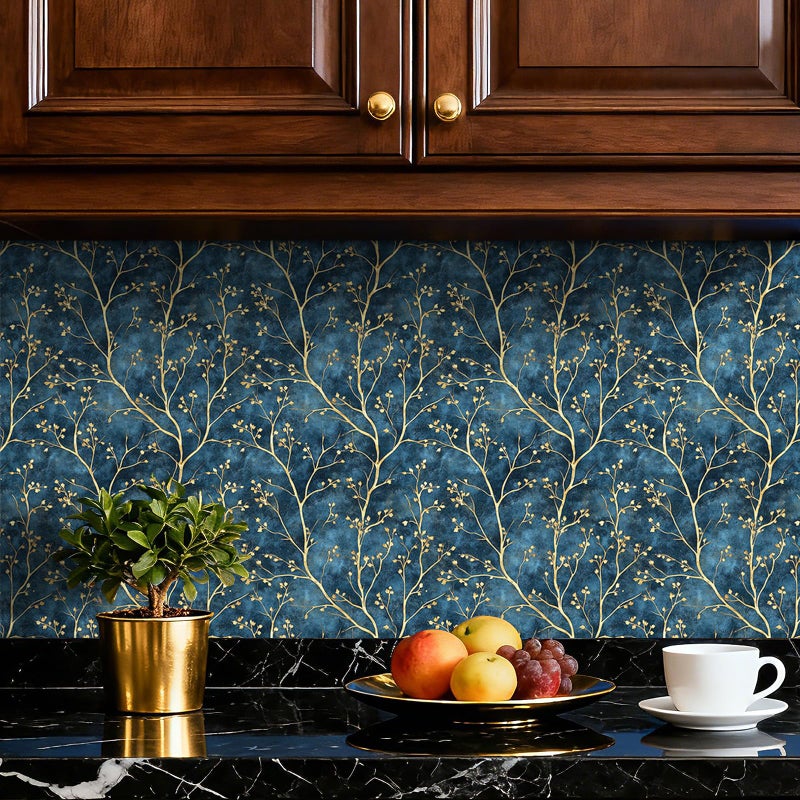 HelloWall Blue and Gold Botanical Wallpaper Peel and Stick Classy Elegant Luxury Metallic Gold Dark Navy Blue Bold Accent Wallpaper Vintage Contact Paper Chinoiserie Tree Branches Deep Indigo 17.5x80 - Image 2