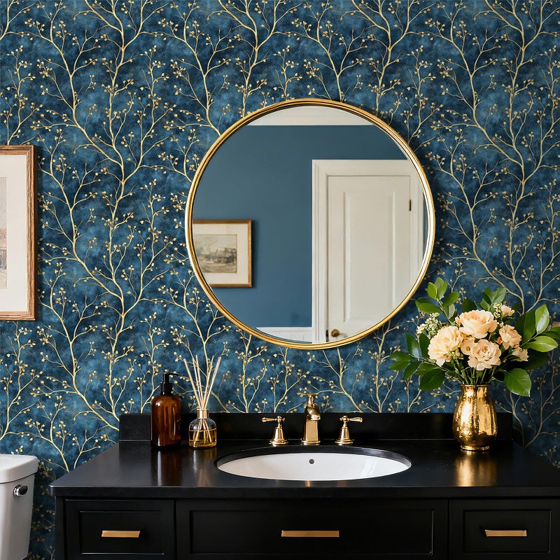 HelloWall Blue and Gold Botanical Wallpaper Peel and Stick Classy Elegant Luxury Metallic Gold Dark Navy Blue Bold Accent Wallpaper Vintage Contact Paper Chinoiserie Tree Branches Deep Indigo 17.5x80 - Image 3