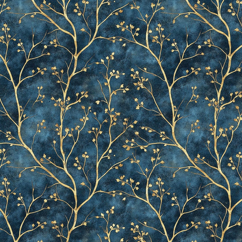 HelloWall Blue and Gold Botanical Wallpaper Peel and Stick Classy Elegant Luxury Metallic Gold Dark Navy Blue Bold Accent Wallpaper Vintage Contact Paper Chinoiserie Tree Branches Deep Indigo 17.5x80 - Image 1