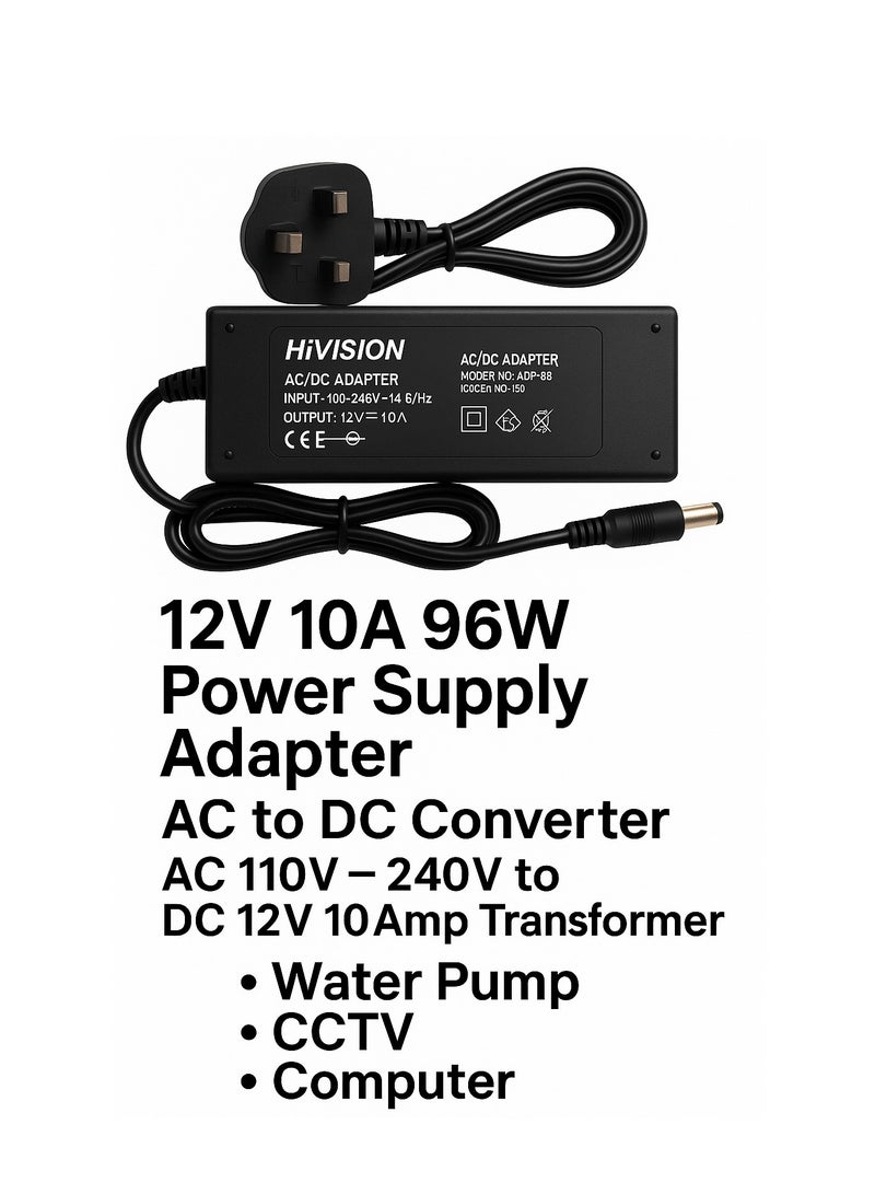 Hivision 12V 10A Power Supply Adapter – AC 110V~240V to DC 12V Converter – Universal Transformer for CCTV, LED Strips, and Electronic Projects  - Image 2