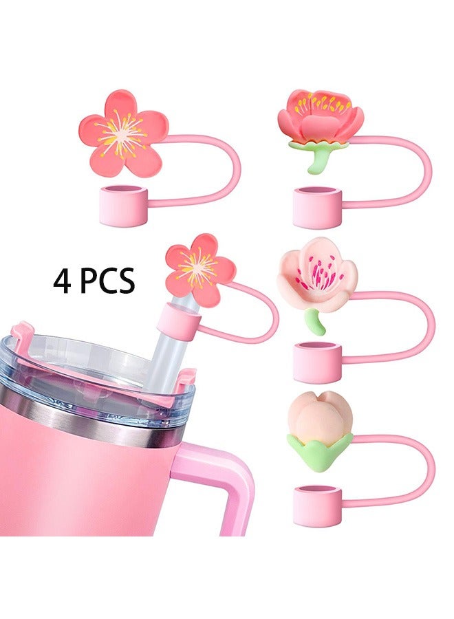 Straw Cover Cap for Stanley Cup, 4 Pcs Beautiful Pink Flower Series Straw Topper Compatible with 30&40 Oz Tumbler with Handle, Reusable Silicone Straw Tip Covers as Stanley Cup Accessories (10mm) - Image 1