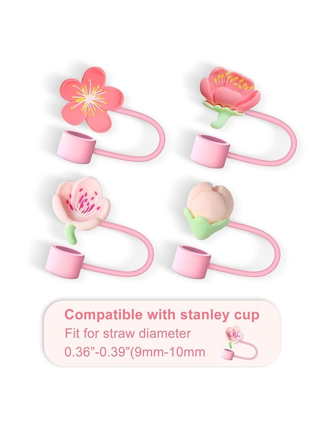 Straw Cover Cap for Stanley Cup, 4 Pcs Beautiful Pink Flower Series Straw Topper Compatible with 30&40 Oz Tumbler with Handle, Reusable Silicone Straw Tip Covers as Stanley Cup Accessories (10mm) - Image 2