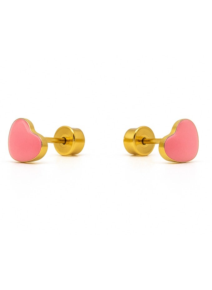 Earss Pink Heart Stud Earrings For Kids, Gold Plated | Stainless Steel - Image 1