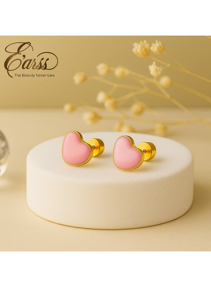 Earss Pink Heart Stud Earrings For Kids, Gold Plated | Stainless Steel - Image 2