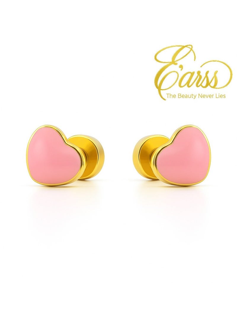 Earss Pink Heart Stud Earrings For Kids, Gold Plated | Stainless Steel - Image 4