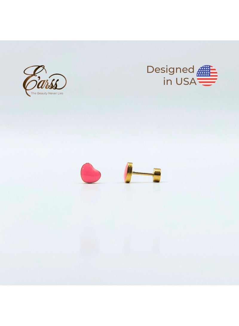 Earss Pink Heart Stud Earrings For Kids, Gold Plated | Stainless Steel - Image 5
