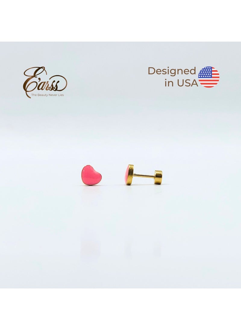 Earss Pink Heart Stud Earrings For Kids, Gold Plated  - Image 2