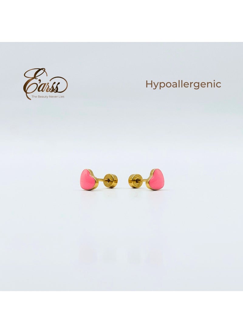 Earss Pink Heart Stud Earrings For Kids, Gold Plated  - Image 3
