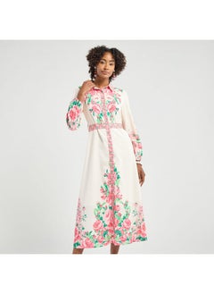 FAV All-Over Floral Print Shirt Dress with Tie-Up Belt and Long Sleeves  - Image 1
