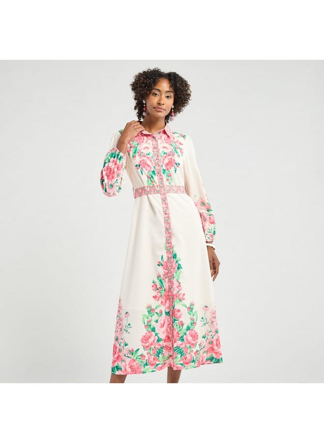 FAV - All-Over Floral Print Shirt Dress with Tie-Up Belt and Long Sleeves - Image 1