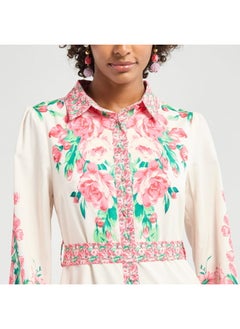 FAV All-Over Floral Print Shirt Dress with Tie-Up Belt and Long Sleeves  - Image 4