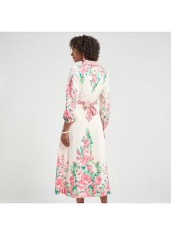 FAV All-Over Floral Print Shirt Dress with Tie-Up Belt and Long Sleeves  - Image 3