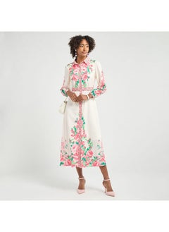 FAV All-Over Floral Print Shirt Dress with Tie-Up Belt and Long Sleeves  - Image 2