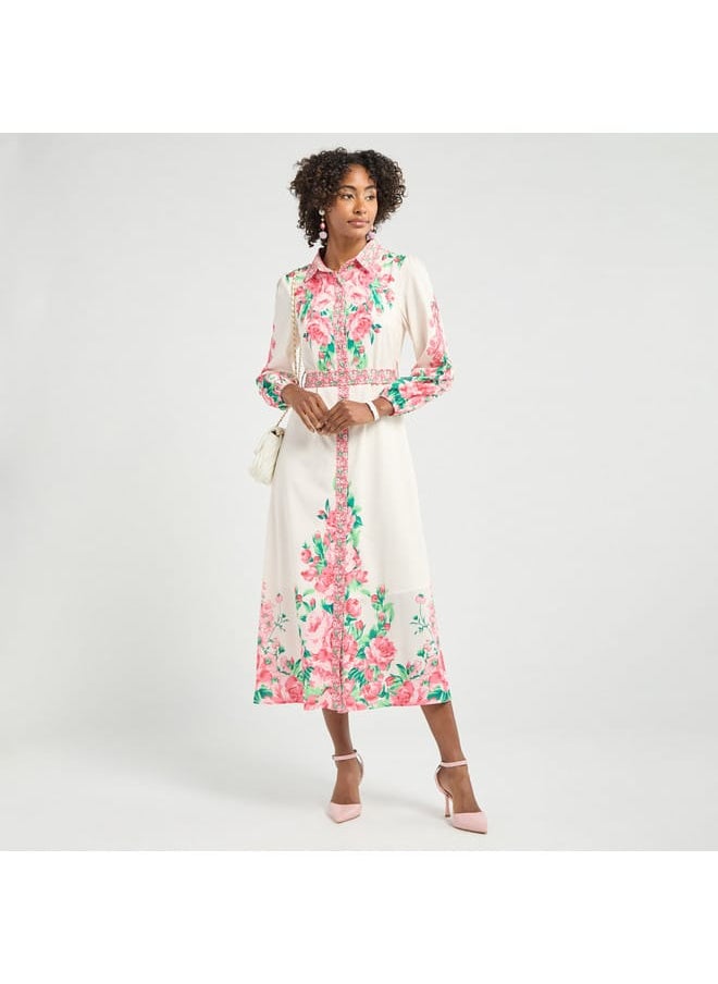 FAV - All-Over Floral Print Shirt Dress with Tie-Up Belt and Long Sleeves - Image 1