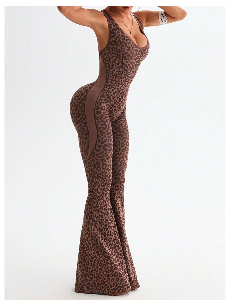 WDIRARA Women's Leopard Print Scoop Neck Flare Yoga Jumpsuits Twist Backless Sleeveless Sports Pants Romper Coffee Brown Large - Image 4