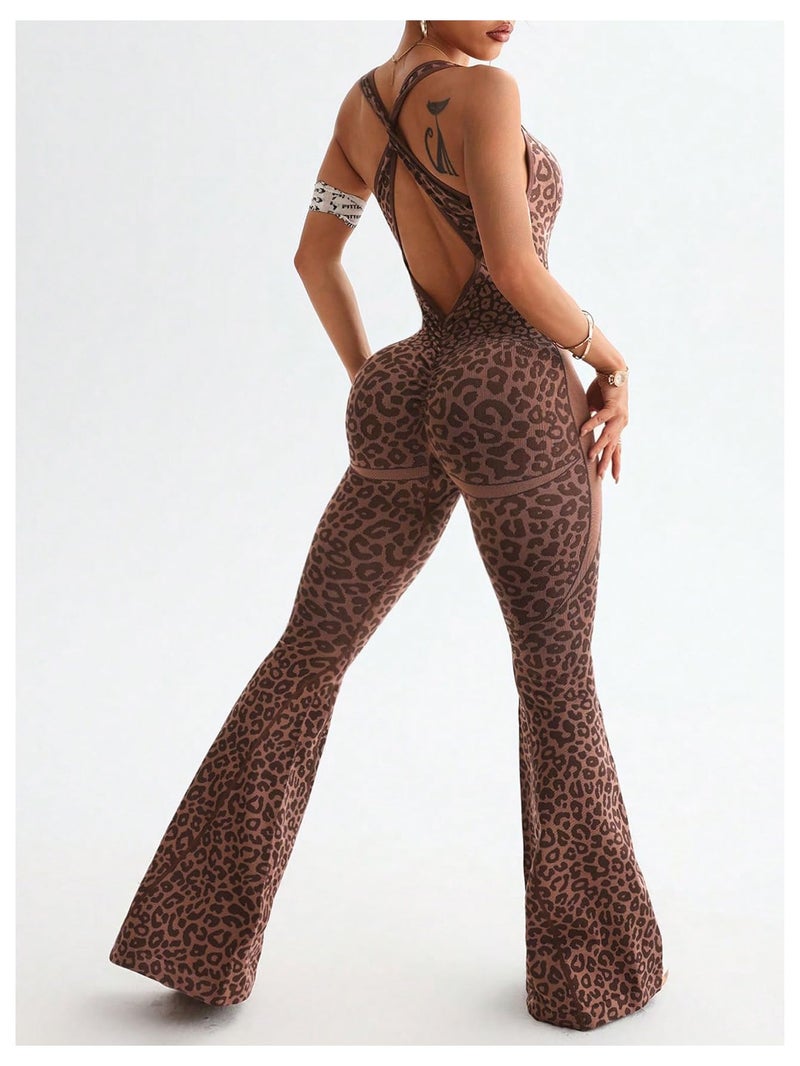 WDIRARA Women's Leopard Print Scoop Neck Flare Yoga Jumpsuits Twist Backless Sleeveless Sports Pants Romper Coffee Brown Large - Image 3