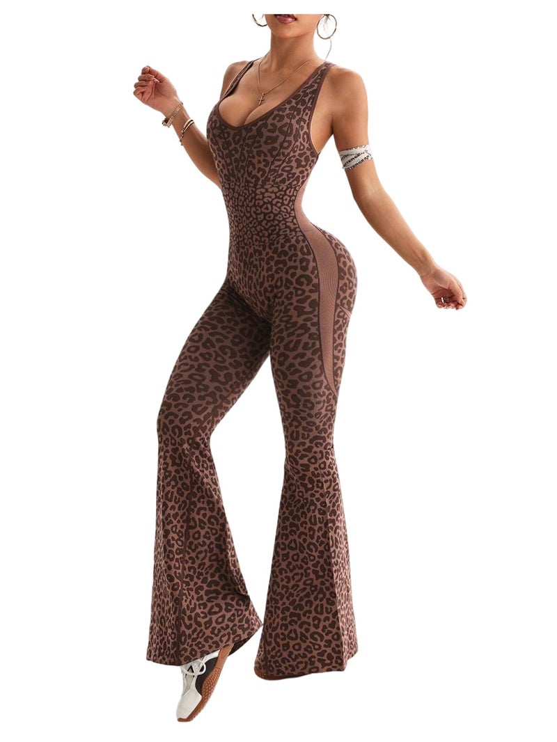 WDIRARA Women's Leopard Print Scoop Neck Flare Yoga Jumpsuits Twist Backless Sleeveless Sports Pants Romper Coffee Brown Large - Image 1
