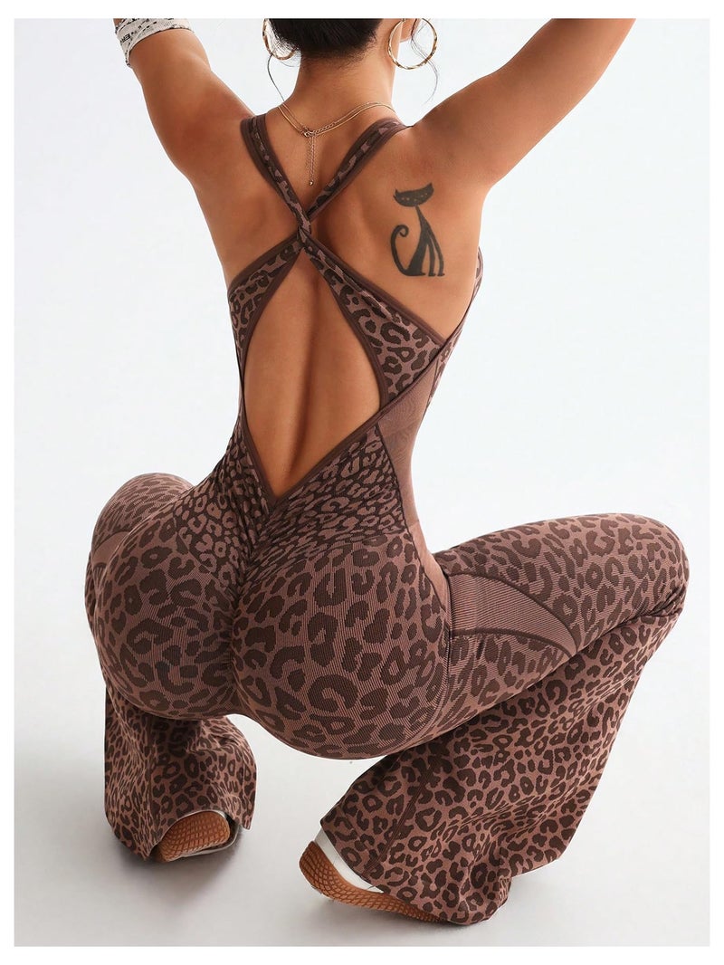 WDIRARA Women's Leopard Print Scoop Neck Flare Yoga Jumpsuits Twist Backless Sleeveless Sports Pants Romper Coffee Brown Large - Image 5