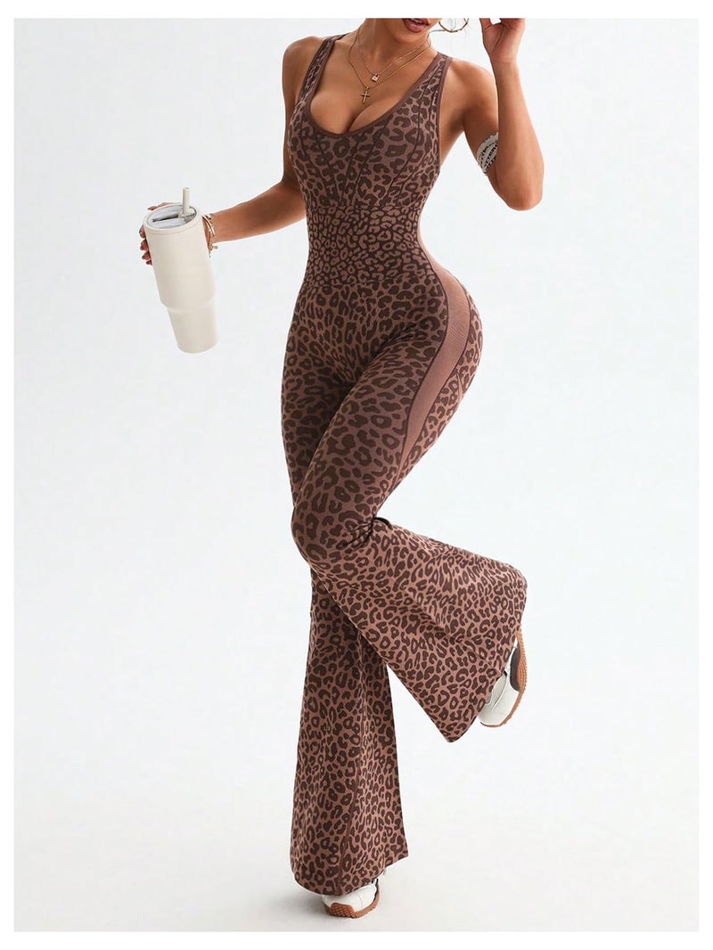 WDIRARA Women's Leopard Print Scoop Neck Flare Yoga Jumpsuits Twist Backless Sleeveless Sports Pants Romper Coffee Brown Large - Image 2