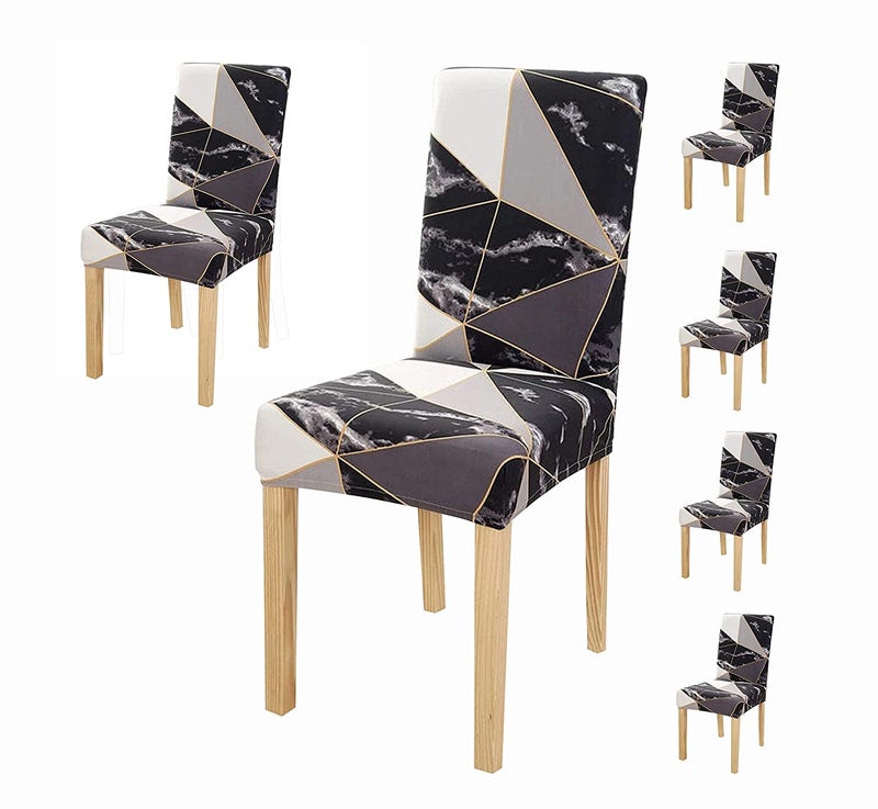 Styleys Polyester Printed Washable Elastic Dining Chair Cover Slipcovers (Set of 6, Black Prism, SLMC2024) - Image 1