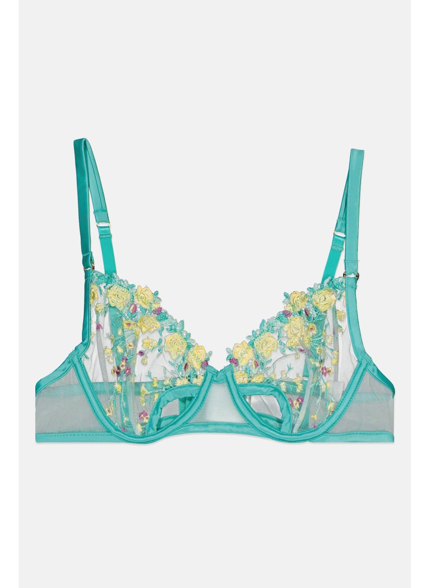 GUESS Women Embroidered Non-Padded Wireless Bra, Turquoise Combo  - Image 1