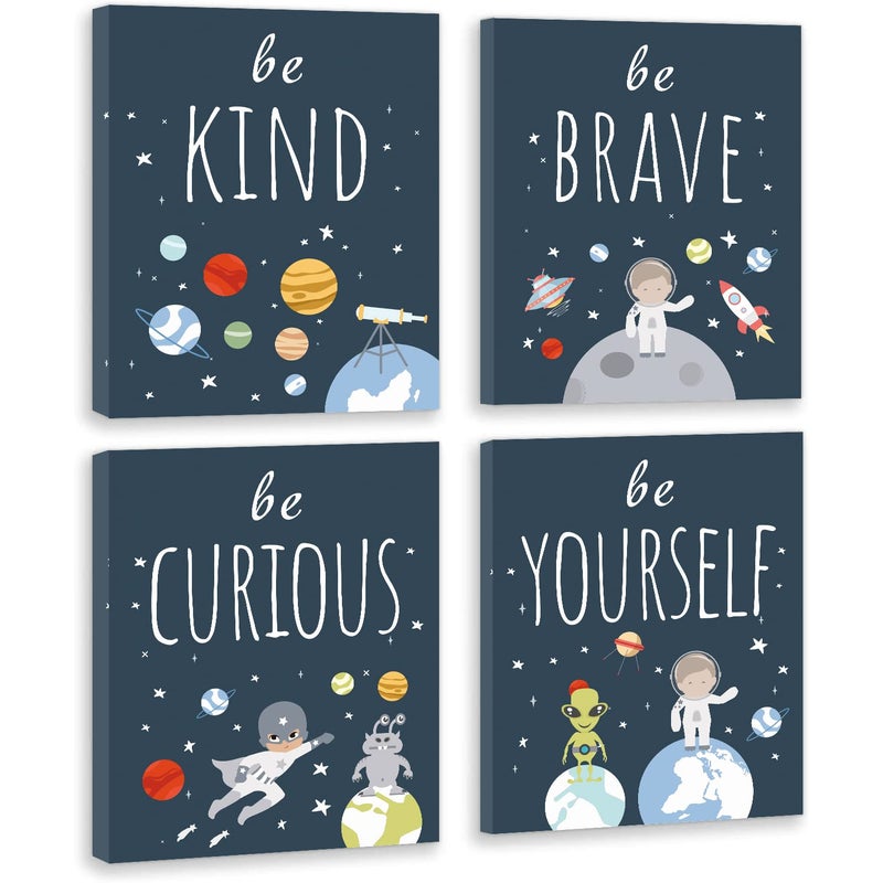 CHDITB CHDITB Outer Space Canvas Wall Art Abstract Universe Planet Print Be Kind Inspirational Space Poster for Kids Room Boys Bedroom Nursery Playroom DecorSet of 4 8 X 10 Framed Ready to Hang