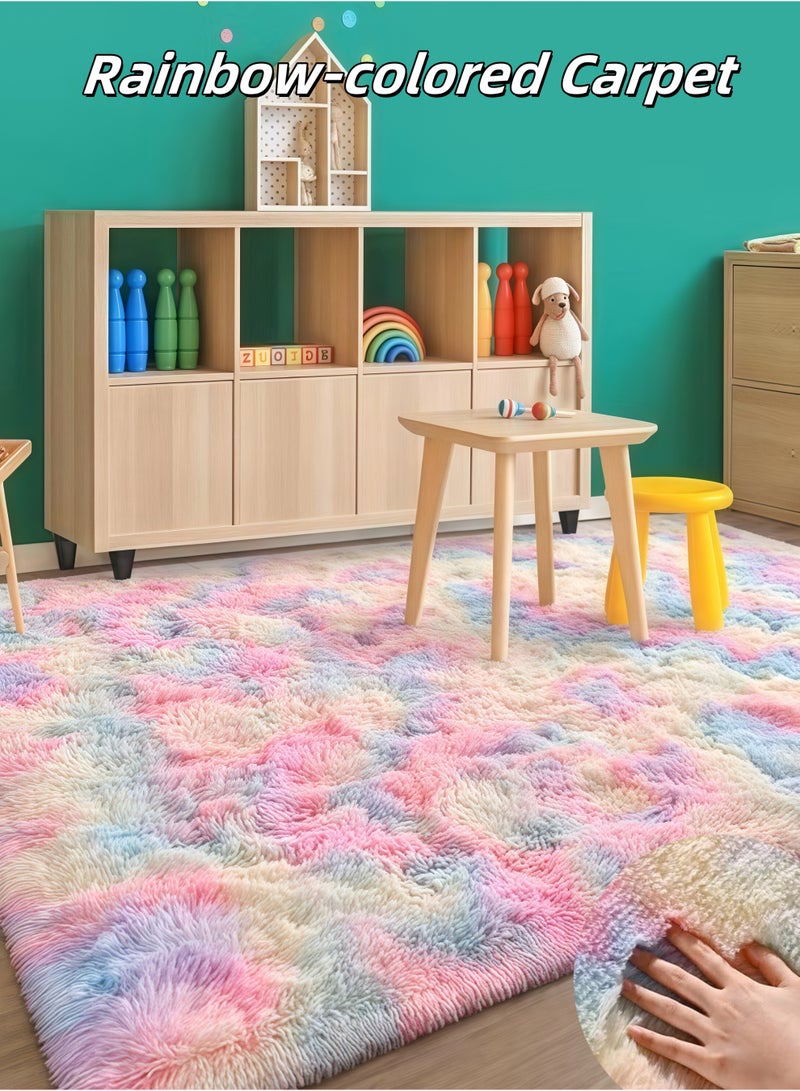 Loquat Colorful Rug，Rainbow-colored Carpet，Carpet suitable for girls' bedrooms，160*200cm Large Shag Kids Colorful Rug for Living Room - Soft  Non-Slip（Rainbow） - Image 1