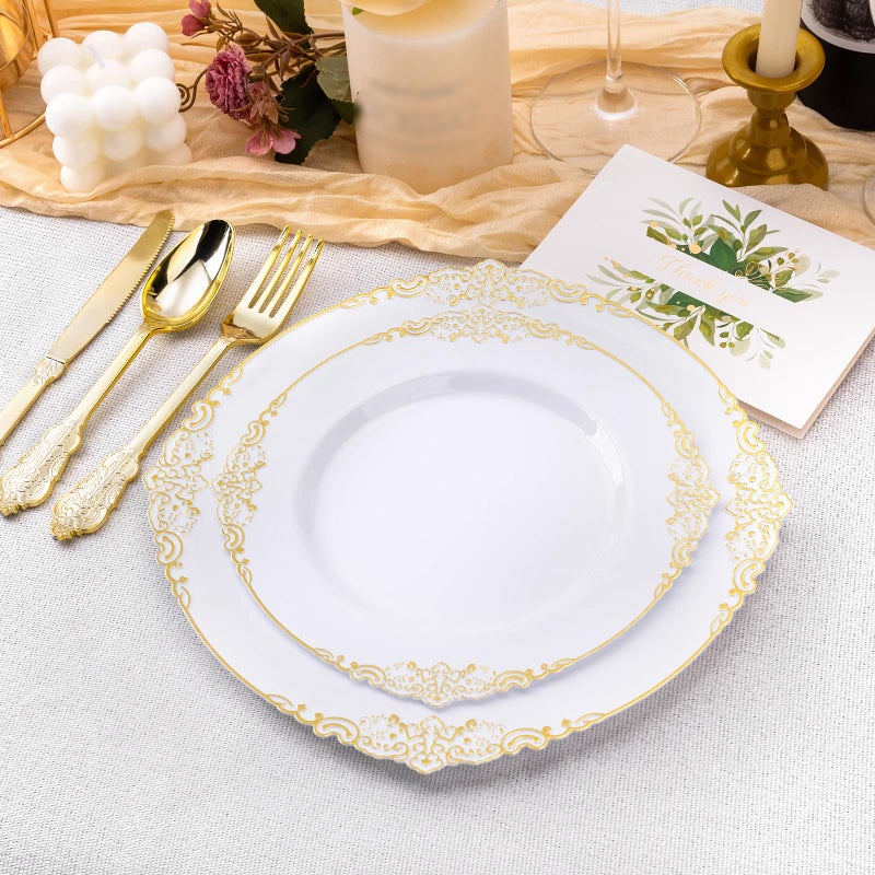 Bestluck 100 PCS White and Gold Plastic Plates for 50 Guests, Gold Disposable Plates Include 50 PCS Dinner Plates, 50 PCS Dessert Plates for Party, Wedding and Graduation - Image 4