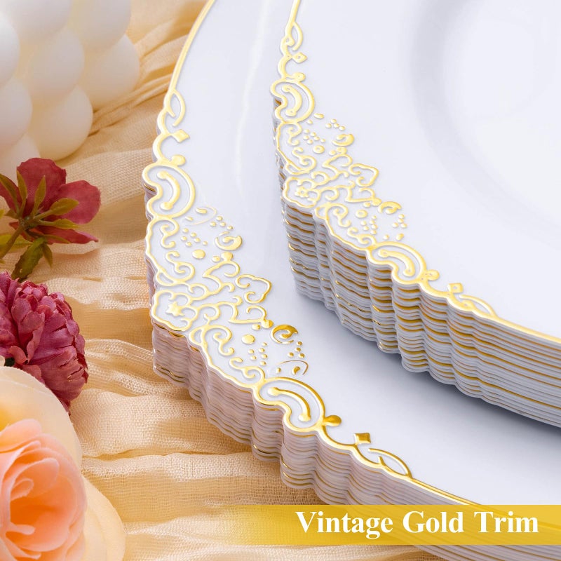 Bestluck 100 PCS White and Gold Plastic Plates for 50 Guests, Gold Disposable Plates Include 50 PCS Dinner Plates, 50 PCS Dessert Plates for Party, Wedding and Graduation - Image 3