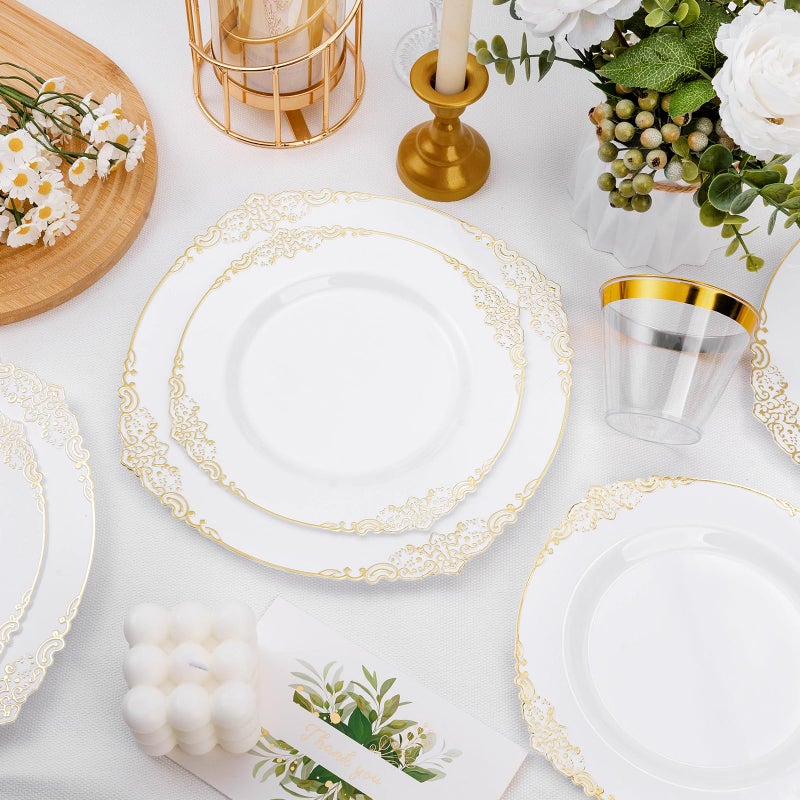 Bestluck 100 PCS White and Gold Plastic Plates for 50 Guests, Gold Disposable Plates Include 50 PCS Dinner Plates, 50 PCS Dessert Plates for Party, Wedding and Graduation - Image 5