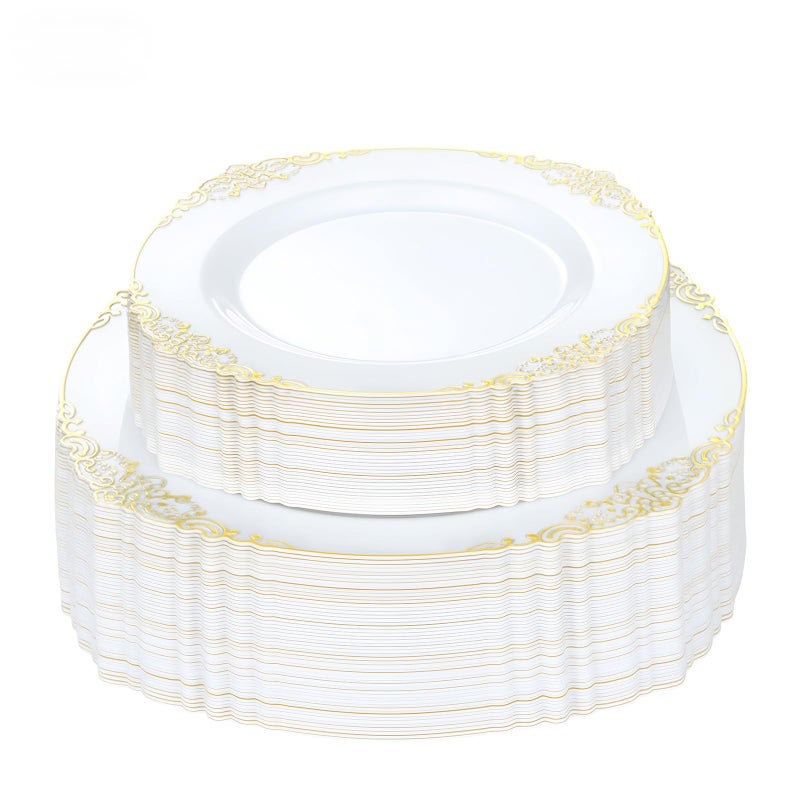 Bestluck 100 PCS White and Gold Plastic Plates for 50 Guests, Gold Disposable Plates Include 50 PCS Dinner Plates, 50 PCS Dessert Plates for Party, Wedding and Graduation - Image 1
