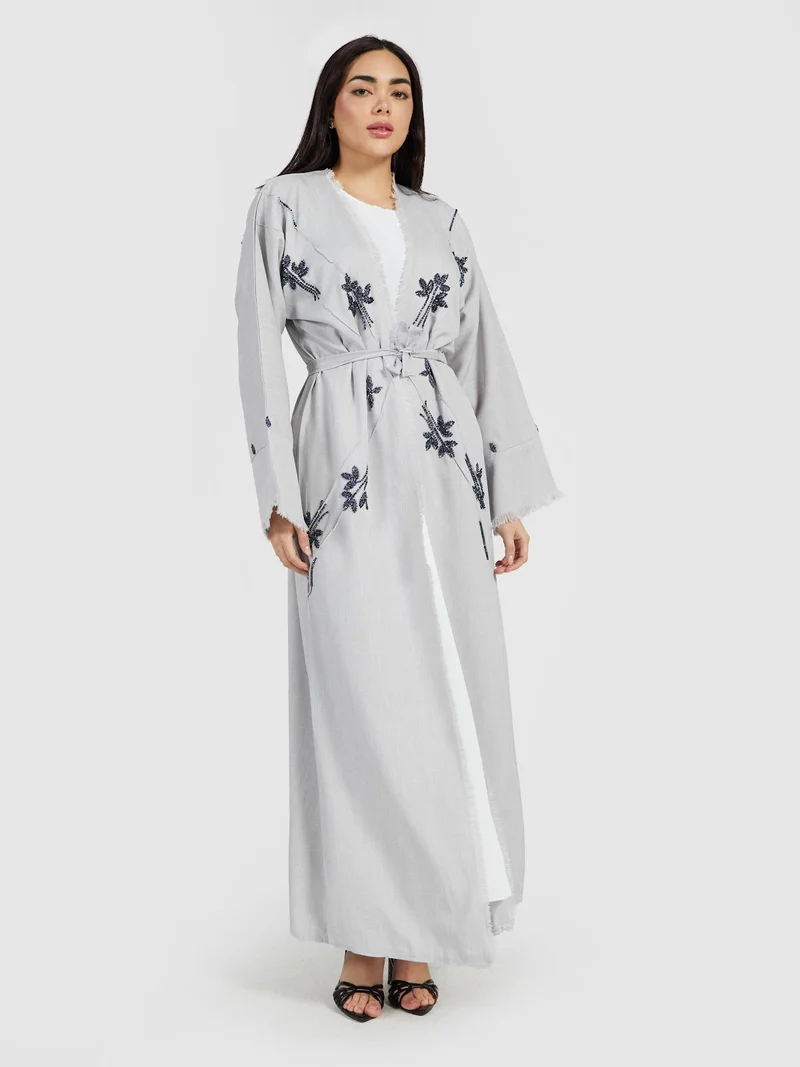 Reem Abayas Grey Linen-Look Abaya with Navy Floral Embroidery and Fringed Hem