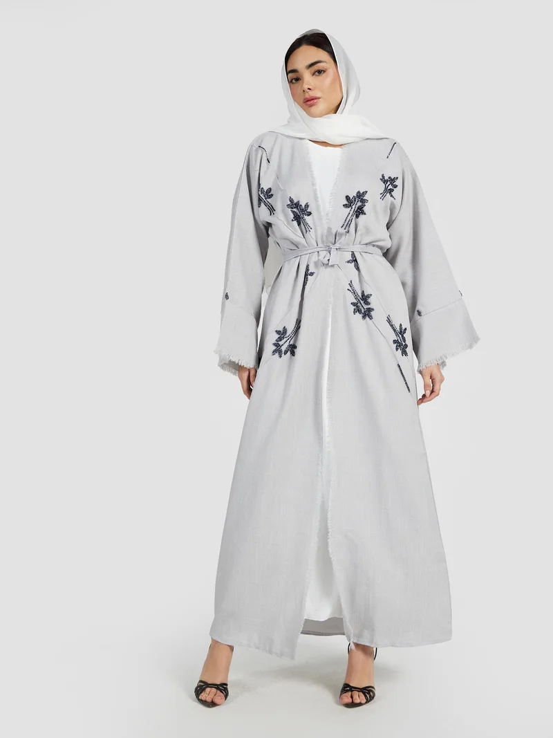 Reem Abayas Grey Linen-Look Abaya with Navy Floral Embroidery and Fringed Hem